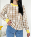 Kvinnor Plaid Print Crew Neck Pullover