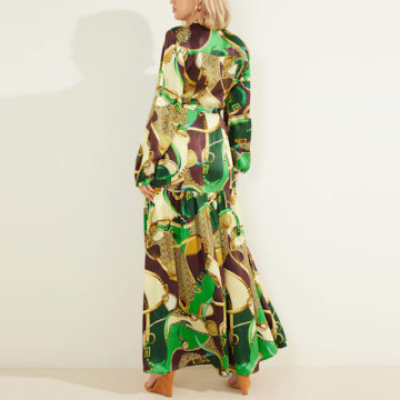 High Waist Deep V Print Dress