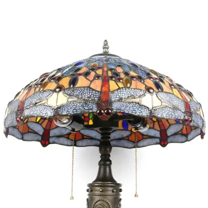 LongHuiJing Brand 18 Inch Antique Vintage Dragonfly Stained Glass Lampshade Desk Light