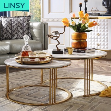 Linsy 2-Piece Modern Metal Legs White Marble/Grey Granite Top Coffee Table Set