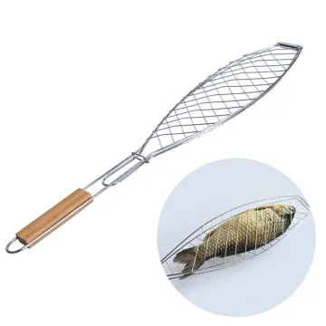 Fish Tong Grill BBQ Basket with Handle Stainless Steel BBQ Grilling Basket for Meat