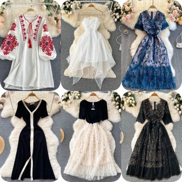 Hot Selling High-Quality Vintage Fairy Chiffon Long Skirt with Fluffy Sleeves for Women