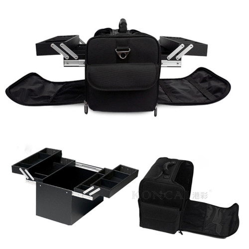 Soft fabric folding cosmetic bag with two-tiered tray box inside nylon portable vanity bag