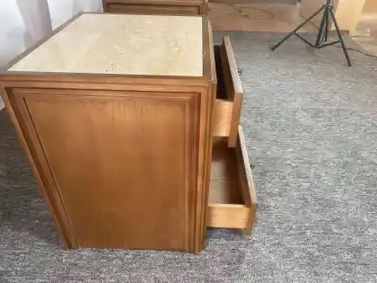 Mid-Century Modern Travertine Top Wooden Nightstand