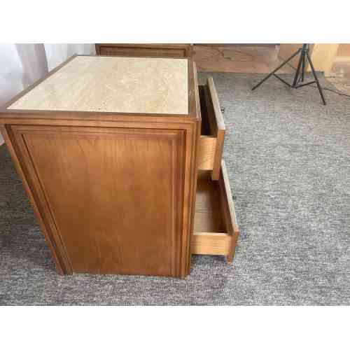 Mid-Century Modern Travertine Top Wooden Nightstand
