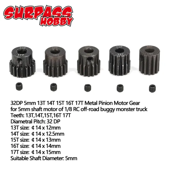 SURPASS HOBBY 5Pcs 32DP 5mm 13T 14T 15T 16T 17T 18T 19T 20T 21T Metal Pinion Motor Gear Set for 1/8 RC Car Truck