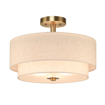 Nordic Style 2 Tier Fabric Brass Semi Flush Mount Light for Large Living Room or Home Office