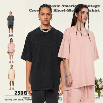Vintage Vintage ที่กำหนดเอง 250 กรัมกางเกงขาสั้นและเสื้อยืดชุดสำหรับผู้ชาย - เสื้อผ้าสไตล์ถนนฤดูร้อน