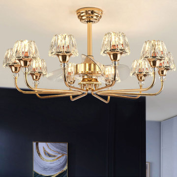 Gold Luxury Art LED Ceiling Fan Pendant Lamp with Crystal Glass Chandelier