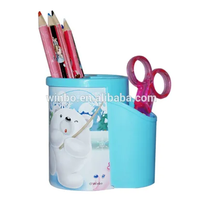 Tinplate round shape pen holder with two compartments