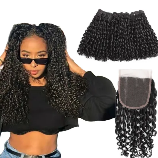 Hanfan 10a 11a Fumi Super Double Drawn Virgin Indian Human Hair Pixie Curls 3 Bundles with Lace Frontal Closure