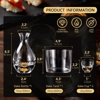 24K Gold Leaf Sake Set - Freezer Safe Crystal Sake Glasses & Carafe