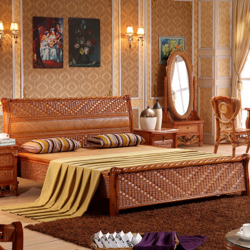 Natural Rattan Bedroom Furniture Double Rattan Woven Bed