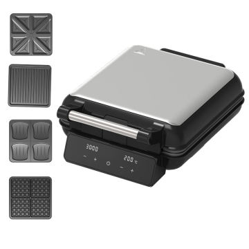 4 في 1 شاشة LCD Display Belgian Waffle Maker مع لوحات قابلة للفصل ، مؤقت وترموستات: آلة وافل بلجيكا الذكية