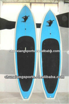 blue painted wooden cheap paddle board with surf wax