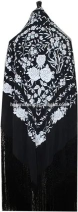 Black flamenco shawl-Hand heavy embroidery silk flamenco shawl manton with fringes-135*135cm