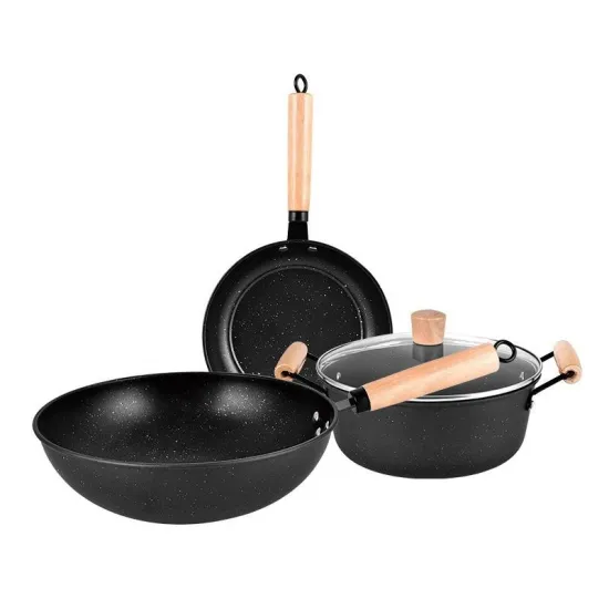 Premium Sustainable Cookware Set: 3-Piece Non-Stick Cookware with Wooden Handles and Glass Lid for Healthy Induction Cooking at Home