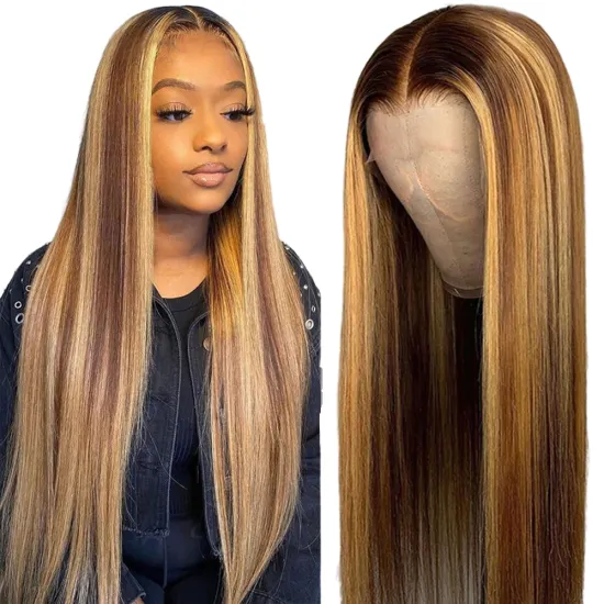 Hot Selling Highlight Lace Closure Wig P4/27 Honey Blonde Brown Pre Plucked Brazilian Remy Lace Frontal Human virgin Hair Wigs