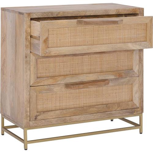 Natural Rattan and Gold Base 3 Drawer Danika Cabinet, Three, Brown