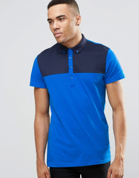 Custom Short Sleeve Button Placket Quilted Yoke Blue Men's 100% Cotton Soft Jersey 200g Blank Casual Polo Shirt