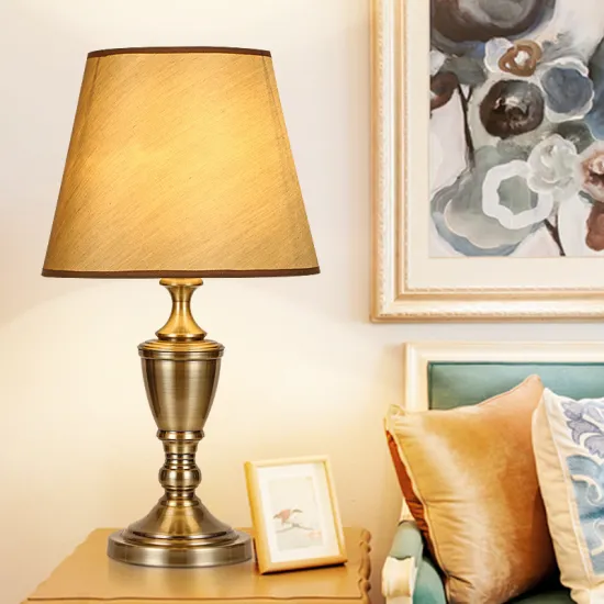 Luxury Antique Fabric Shade Metal Base Table and Floor Lamp Set for Traditional Home Decor