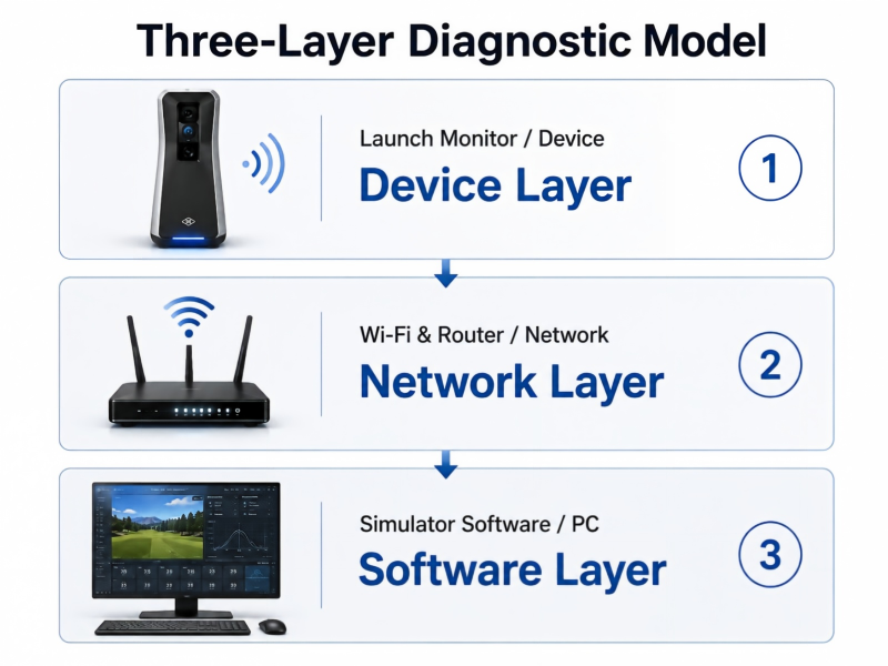 Three-Layer Diagnostic Model for Golf Simulator Troubleshooting