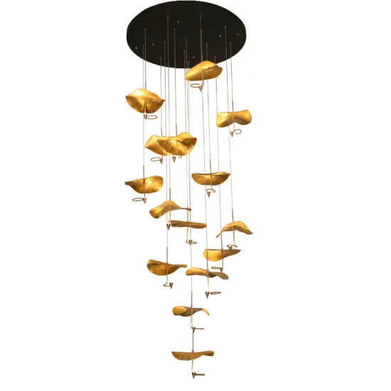 Copper Lotus Leaf Art Pendant Lamp: Brass Color Irregular Shape Chandelier for Luxury Living Room