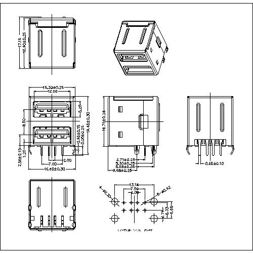 UAFR15 15-USB A Type Receptacle angle double stack,Full shield, No spring