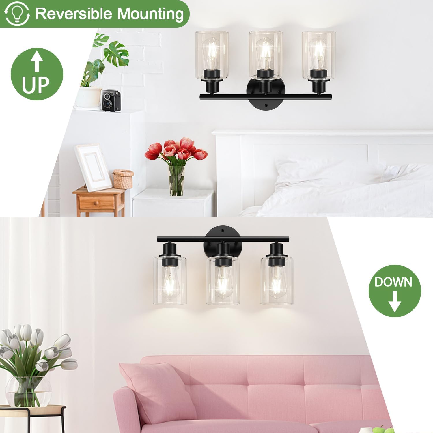 3-Light Light Fixtures Farmhouse Wall Lights with Glass Shades for Mirror Kitchen Bedroom Hallway Living Room (8)