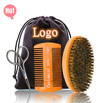 Custom Logo Wooden Beard Comb, Scissors, Boar Bristle Hair Brush Set: Wholesale Men's Beard Grooming Tools Kit