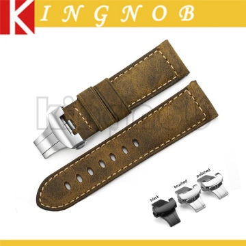 24mm Vintage Assolutamente Brown Calf Leather Watch Band Deployant Buckle Strap For PAM44