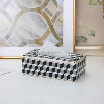Black and White Grid Ceramic Rectangle Tissue Box Cover & Napkin Holders for Restaurants