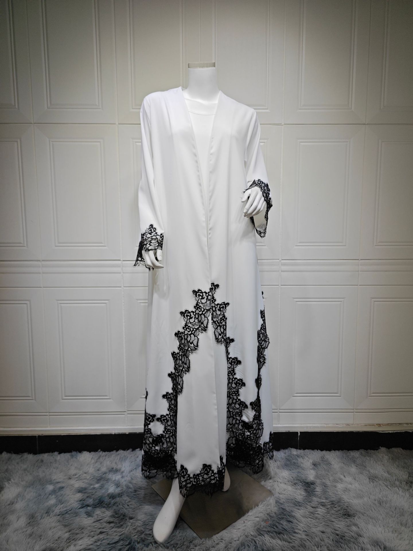 Black and White Khimar Abaya Set for Women Modest Lace Trim Maxi Dress with Matching Headscarf for Eid Occasion Wear (9)
