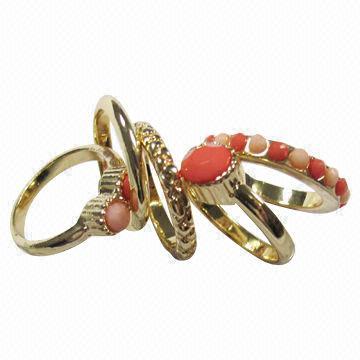 Multi-fashion Ring Sets in Gold Plating and Light Coral, Coral Faceted Stone, Best Selling Item