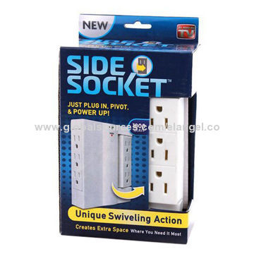 Side socket, creates extra space by unique swiveling action, easy to reach cords & surge protection