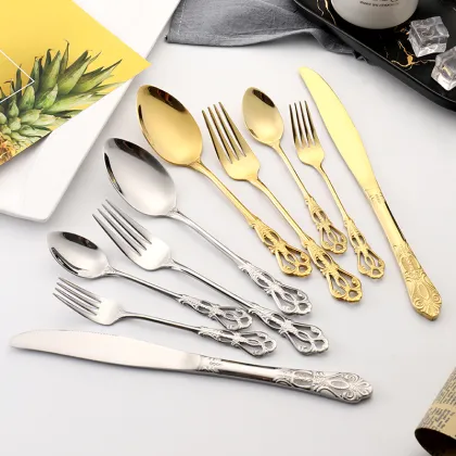 Gold Plated Vintage Royal Wedding Luxury Cutlery Set Stainless Steel 304 Flatware
