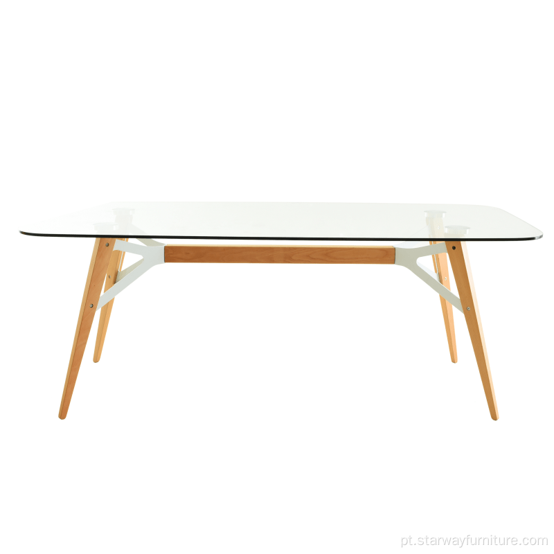Mesa de jantar retangular moderna de madeira e vidro