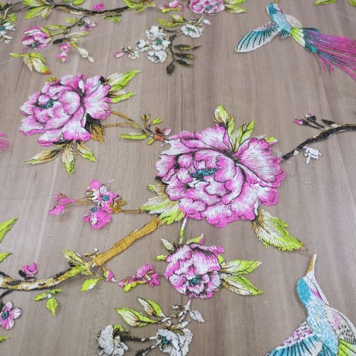 Embroidery Tulle Lace Fabric Printed Birds Flowers Embroidery Tulle Lace Fabric Supplier