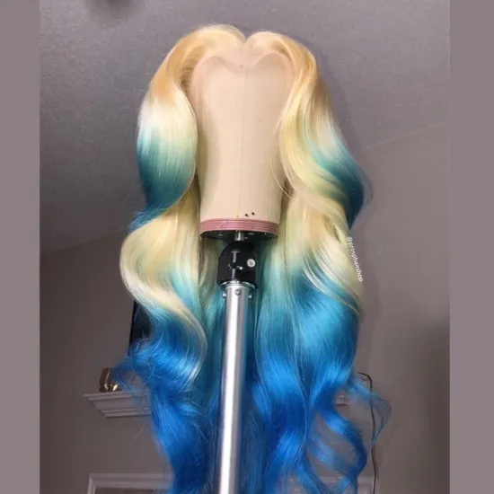 blonde with blue tips ombre human hair wig, brazilian cuticle aligned 613 blonde virgin human hair with baby hair