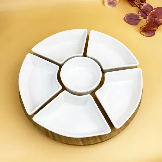 Wholesale Rotating Bamboo Tray with 6pcs Ceramic Dish - Enamel Tray for Candy, Snacks, and Desserts
