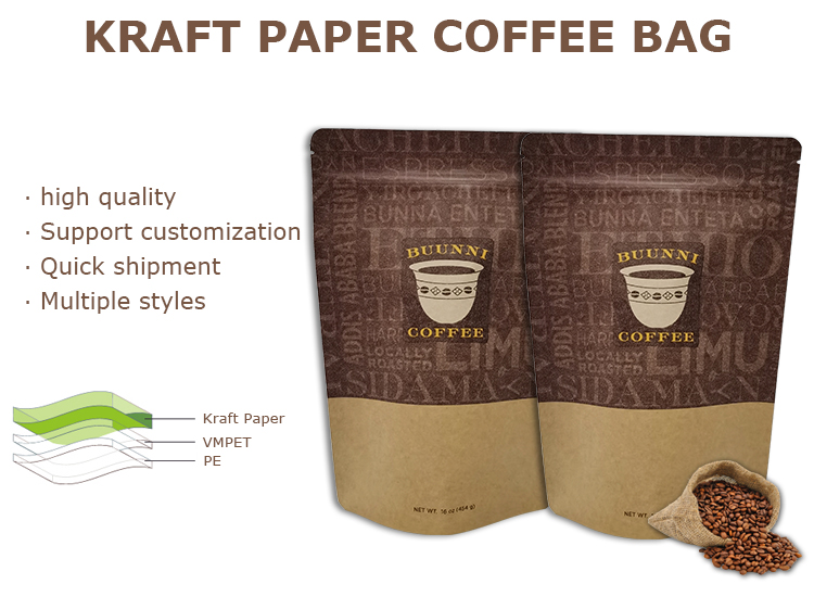 Biodegradable Kraft Standing Pouch Zip Lock Flexible Coffee Bean Bag Packaging 