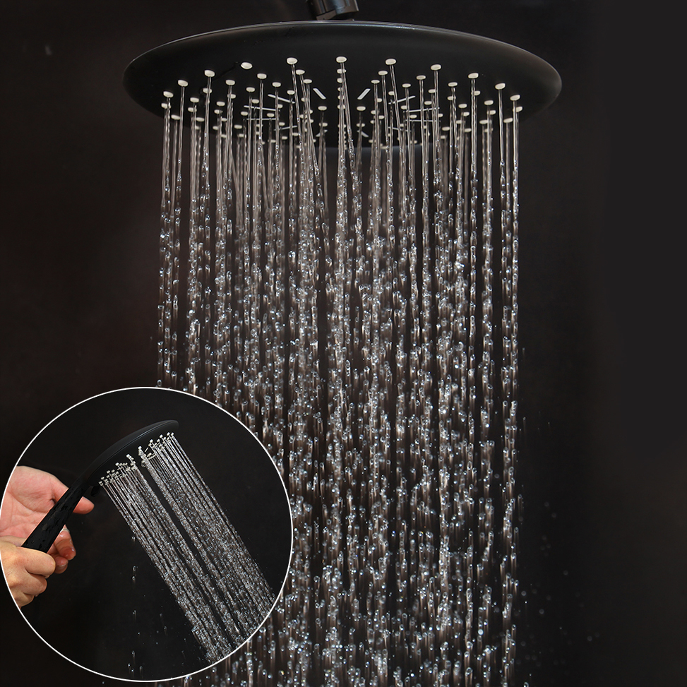 OUBONI Matte Black Bathroom Shower Mixer Faucet Rainfall Shower Faucets Set Lever Bathtub Shower Mixer Faucet W/ Storage Shelf
