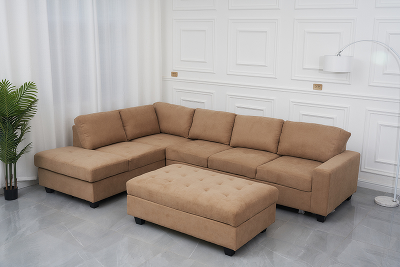 L Shaped Sectional Fabric Sofa With Ottoman