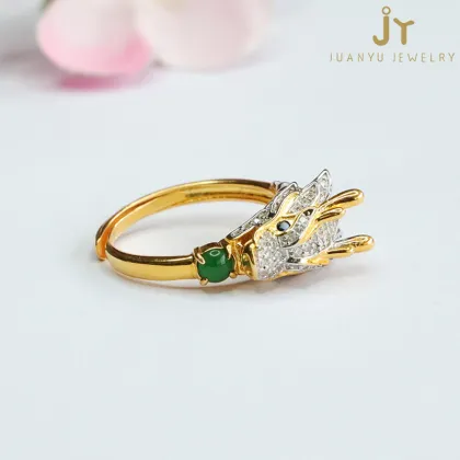 Golden Plated S925 Silver Dragon-Shaped Jadeite Rings with Green Myanmar and Natural Burma Jade