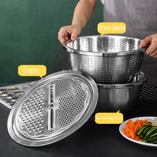 2023 Hot Sale Stainless Steel Vegetable Cutter Grater Colander Basin 3-in-1