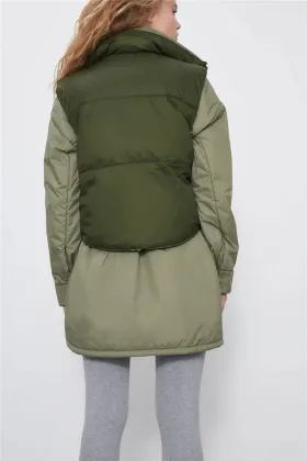 Autumn New Ladies Stand Collar Green Vest Jacket