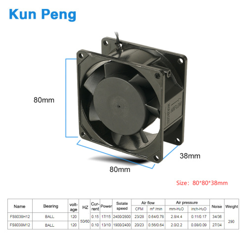 High pressure 80*80*38 compact metal fan