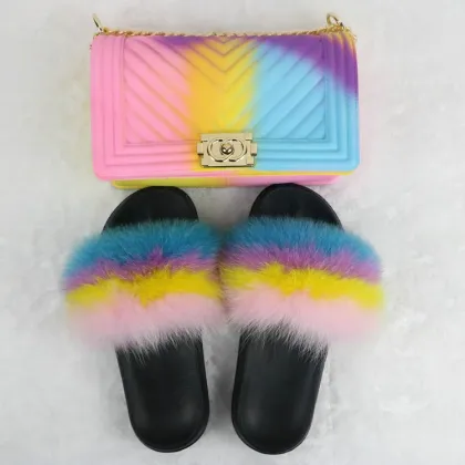 100%Real Fox Fur Slippers Women Fur Slides Rainbow Shoe Cute Fur Flip Flops Women Travel Furry Shoes Jelly Bags Set Fashion Bags