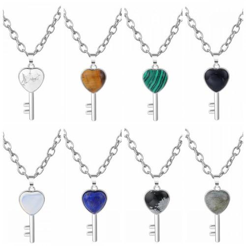 Gemstone Heart Shape Key Chain Necklace Natural Stone Pendant Necklace