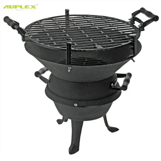 AUPLEX Cast Iron Portable Tabletop Fire BBQ Grill with Wooden Base
